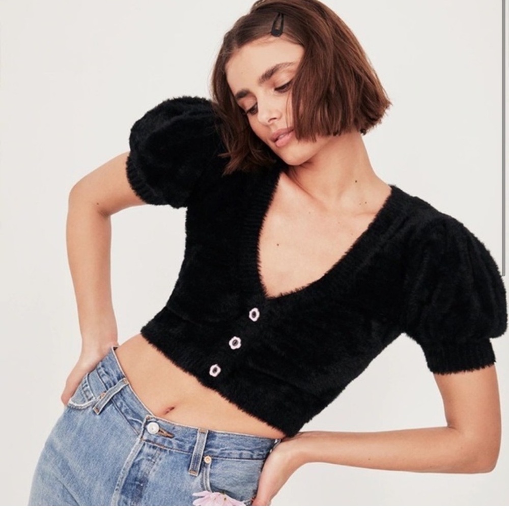 For Love and Lemons Devon Cropped Black Fuzzy Cropped Cardigan Spring 2021